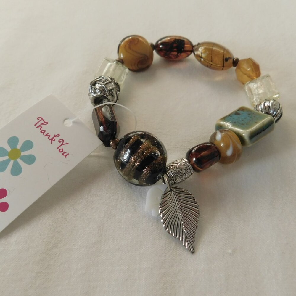 AVON Beaded Stretch Bracelet Earth Tone Art Glass & Silver Leaf  Boho Artisan